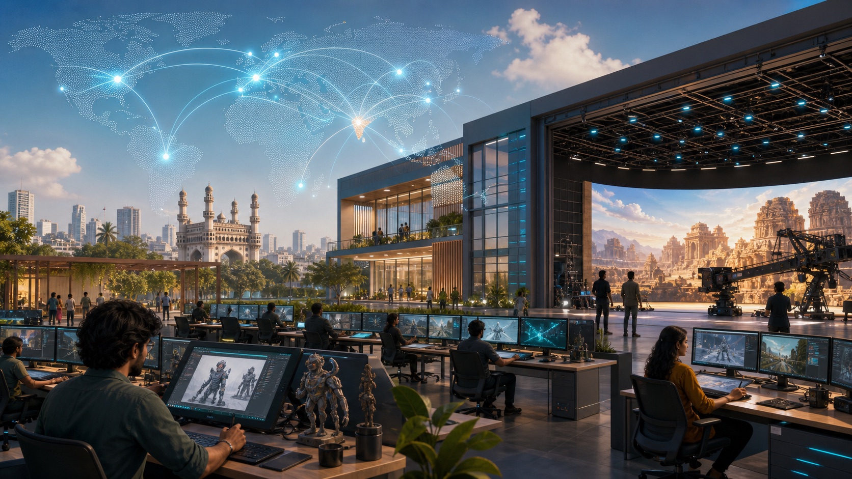 Editorial illustration of a Hyderabad production campus linking VFX artists and a virtual-production stage to a global network