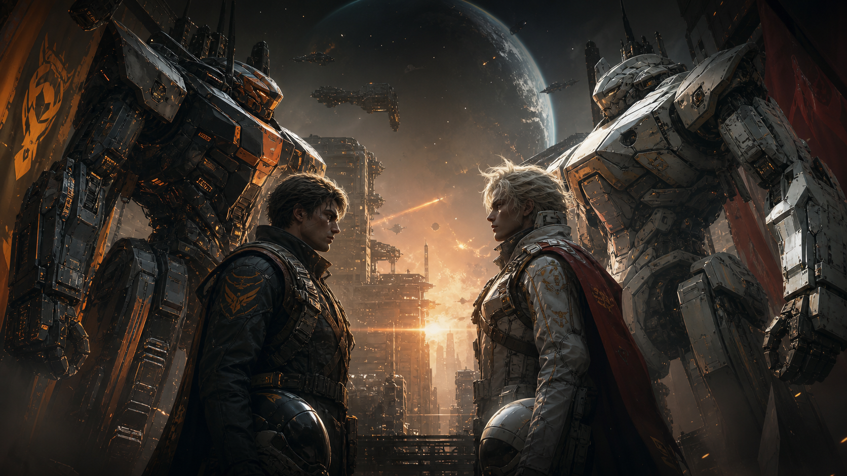 Editorial illustration of two rival pilots beneath towering original mechs on opposite sides of a space colony