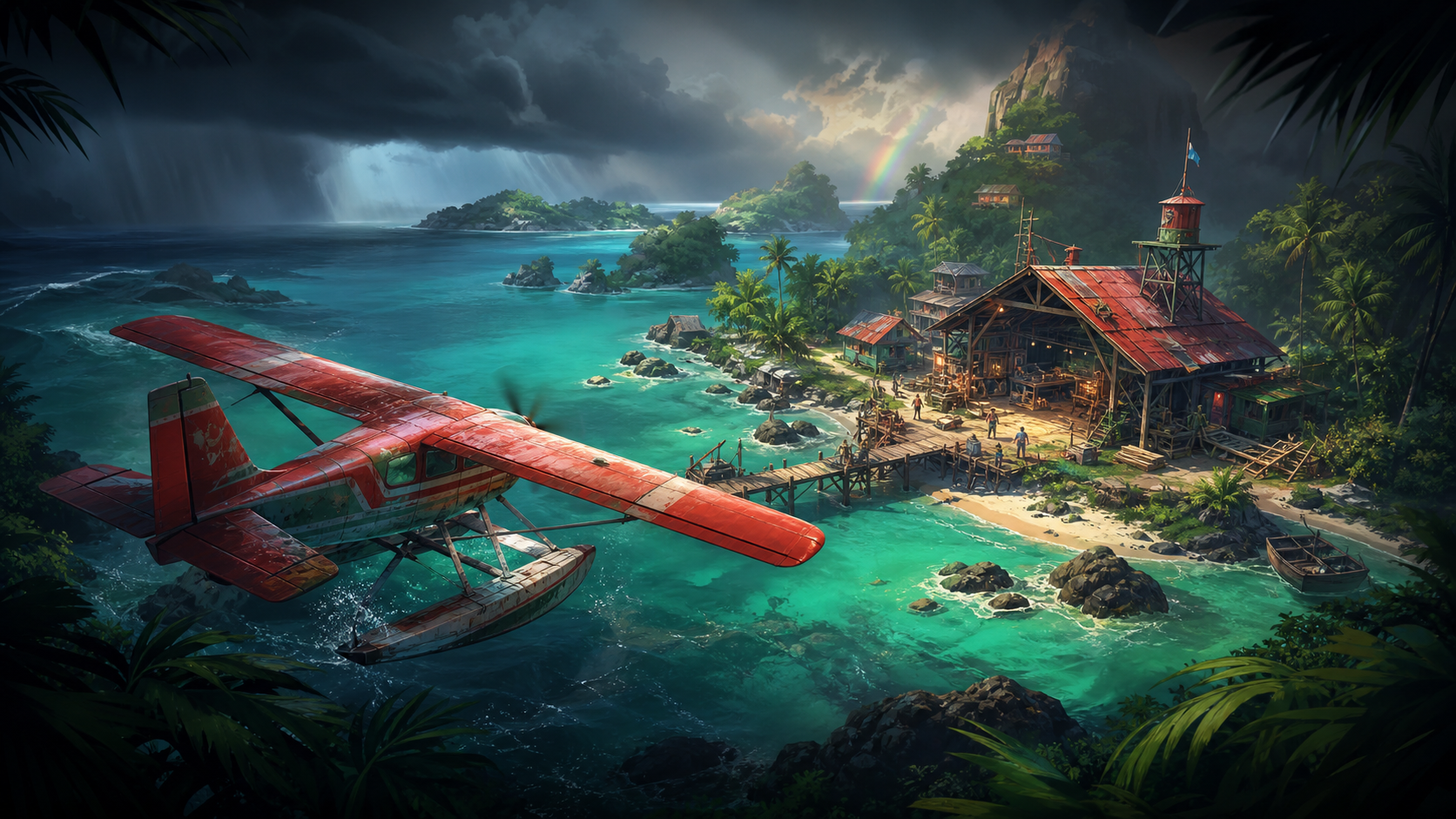 Editorial illustration of a colorful seaplane approaching a tropical island workshop
