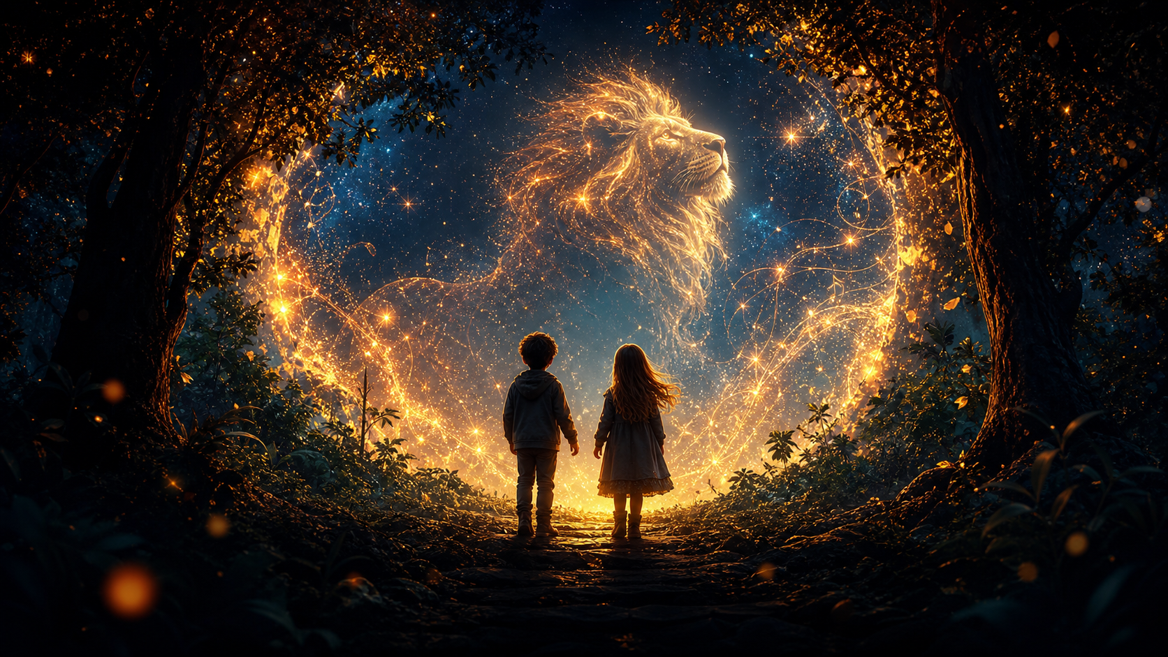 Editorial fantasy illustration of two children approaching a luminous forest portal and distant lion silhouette