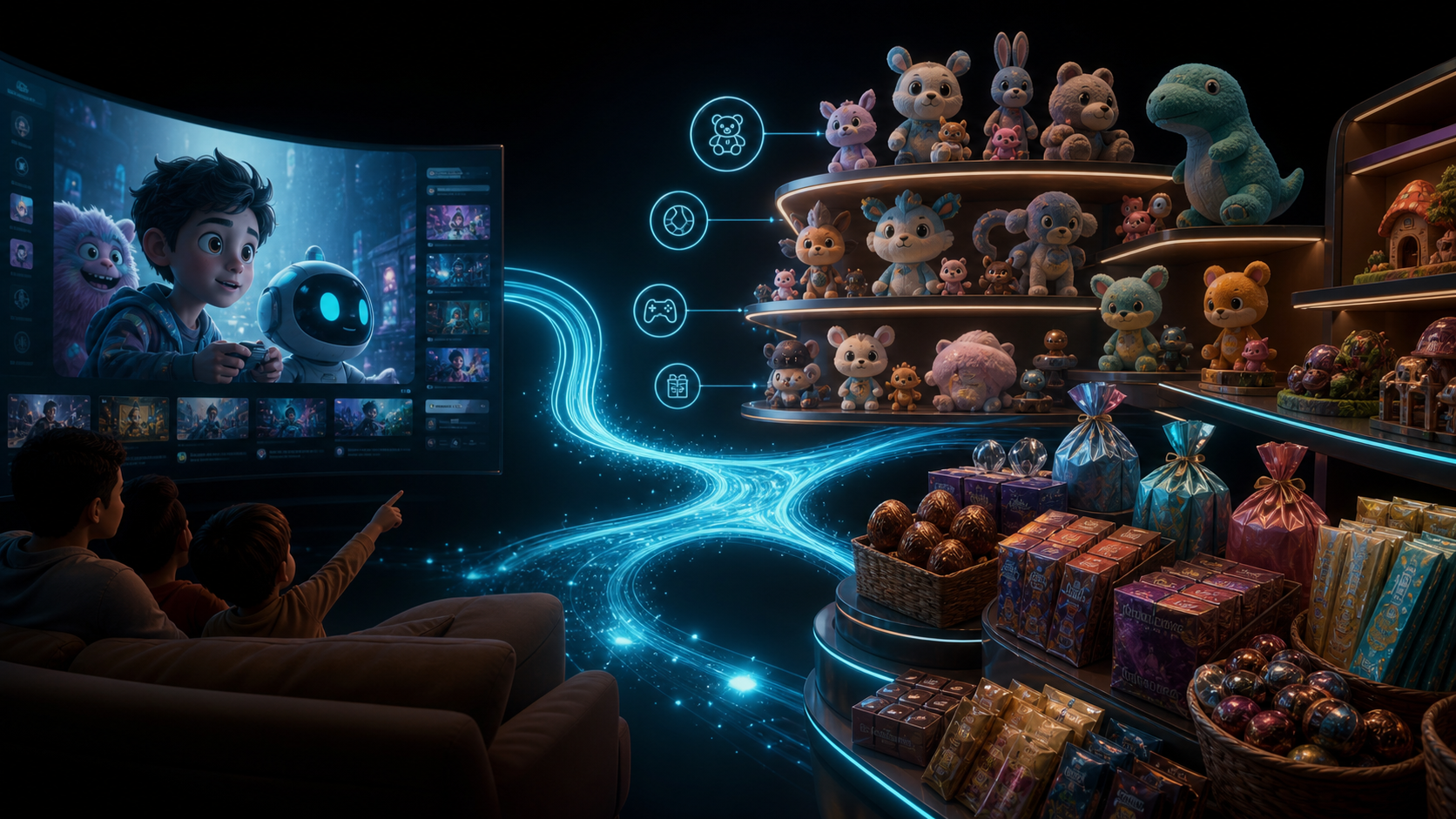 Editorial illustration of a streaming screen branching into toy shelves and wrapped confectionery products