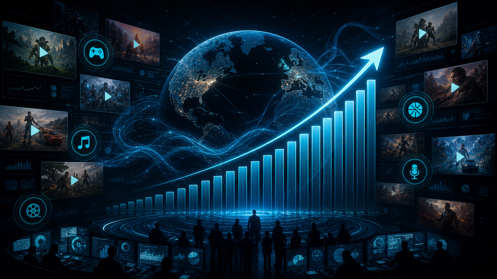 Editorial data illustration of viewing bars, play icons and a globe rising past 97 billion hours