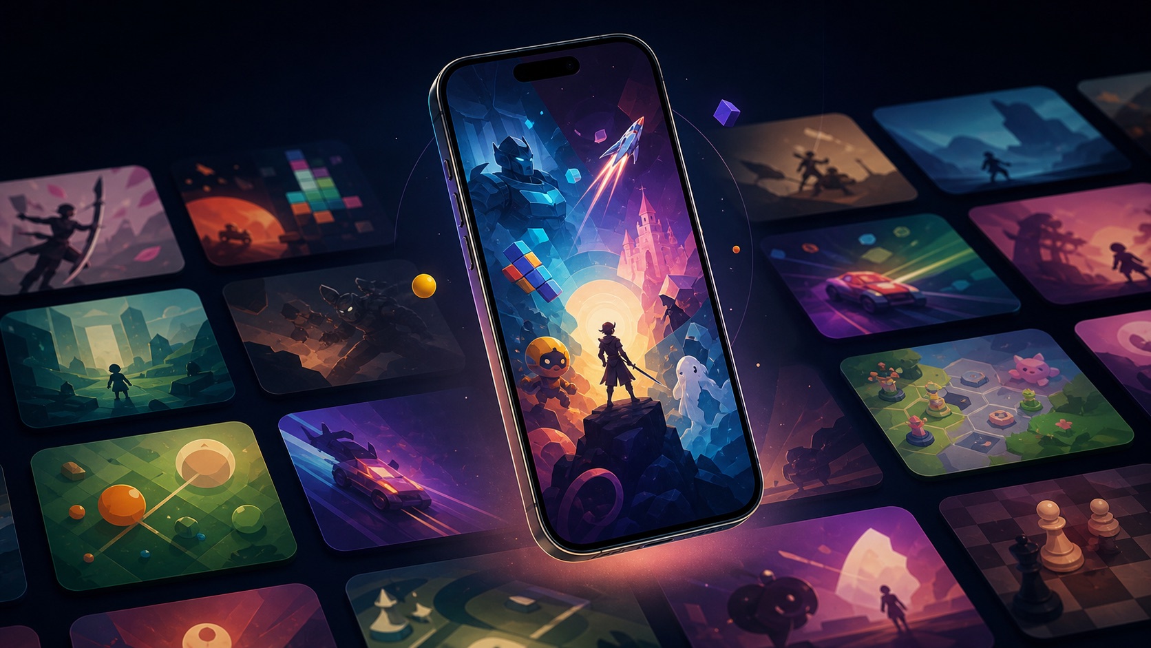 Editorial illustration of a phone surrounded by original tiles representing many game genres