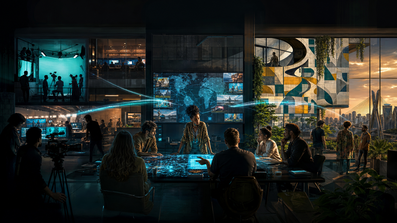 Editorial illustration of a São Paulo creative office connected to cameras, sound stages and streaming screens
