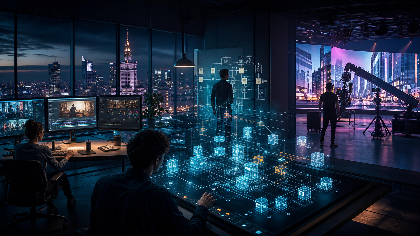 Editorial illustration of Warsaw offices linking software infrastructure with film production stages