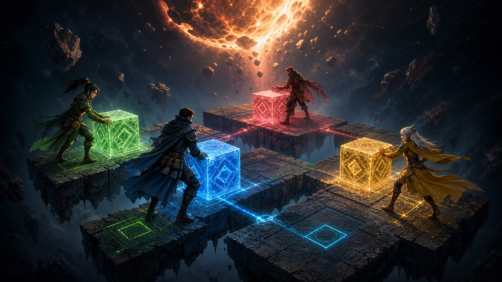 Editorial illustration of four puzzle adventurers moving crystal blocks beneath a sinking star