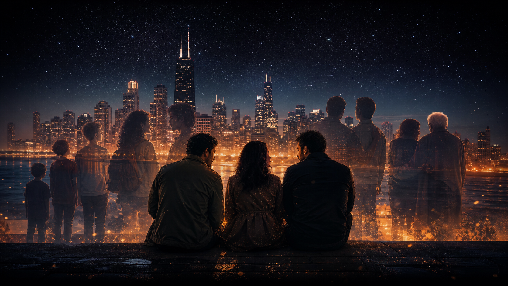 Editorial illustration of three friends beneath Chicago stars as a decade turns around them