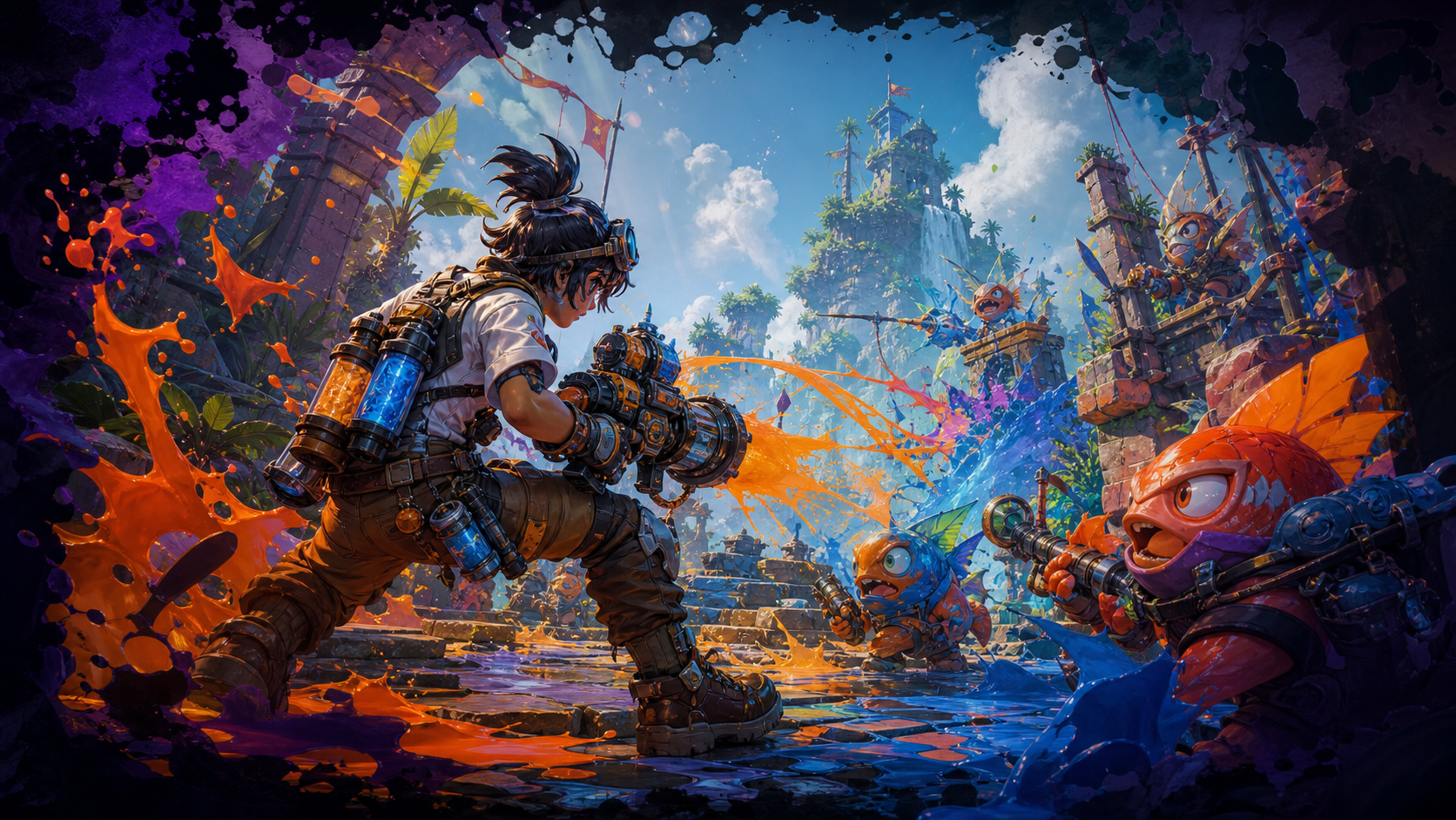 Editorial illustration of an ink-equipped mechanic facing fishlike raiders across bright islands