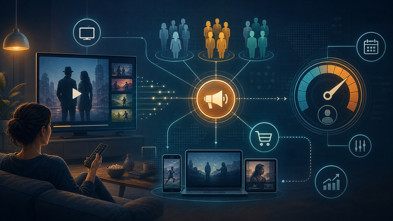Business editorial illustration connecting a television, audience segments, shopping signals and an advertising-frequency dial