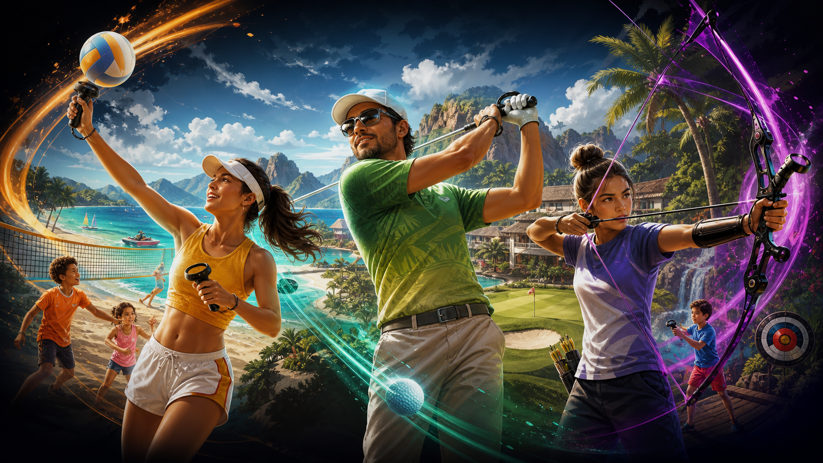Editorial illustration of motion-control players trying beach volleyball, golf and archery at a resort
