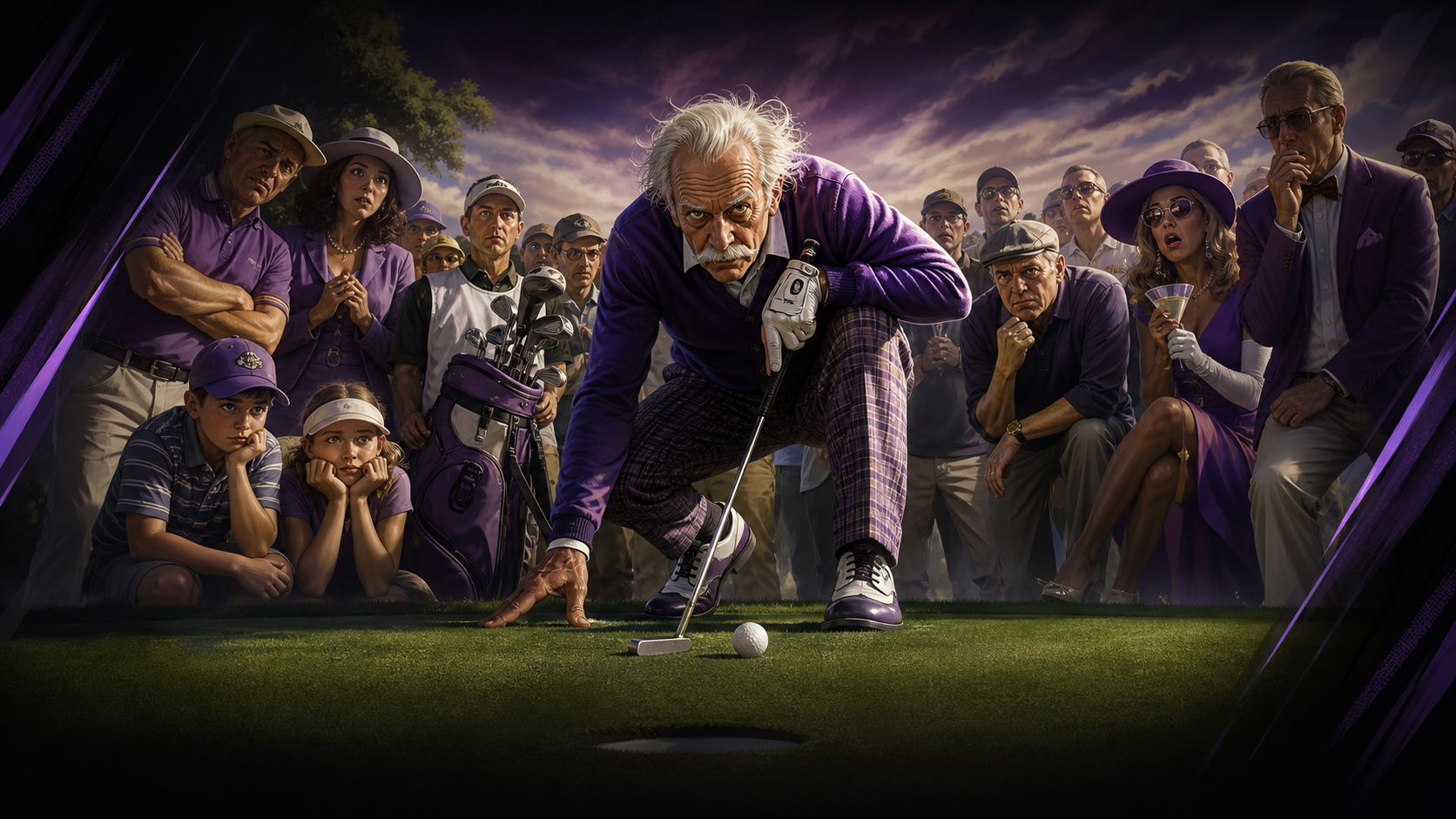Editorial illustration of an aging golfer lining up a comeback putt before a restless tournament crowd