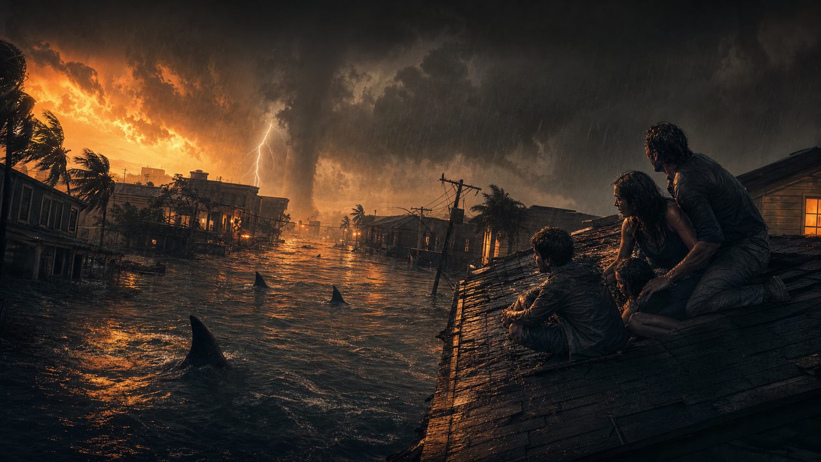 Editorial illustration of flooded coastal streets with dorsal fins circling stranded residents during a hurricane