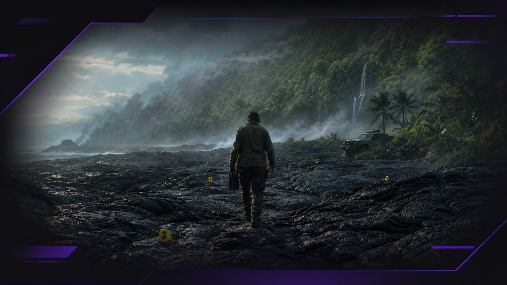 Editorial illustration of a park investigator crossing black lava fields toward a misty rainforest