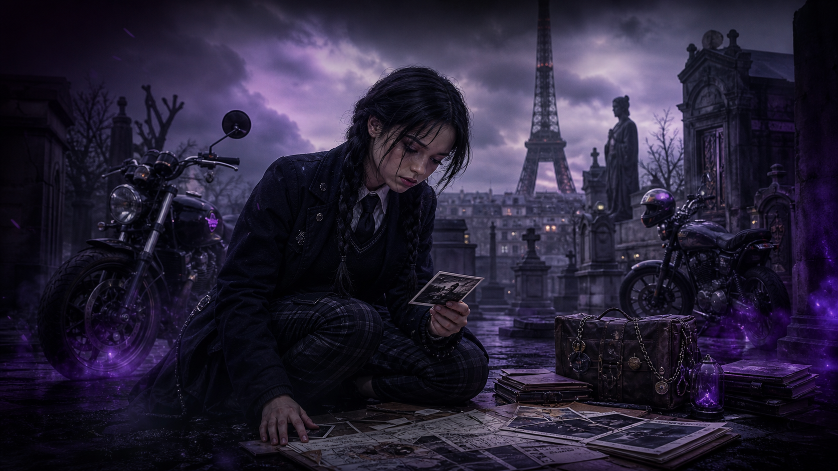 Editorial gothic illustration of a braided student studying clues beside a Paris graveyard