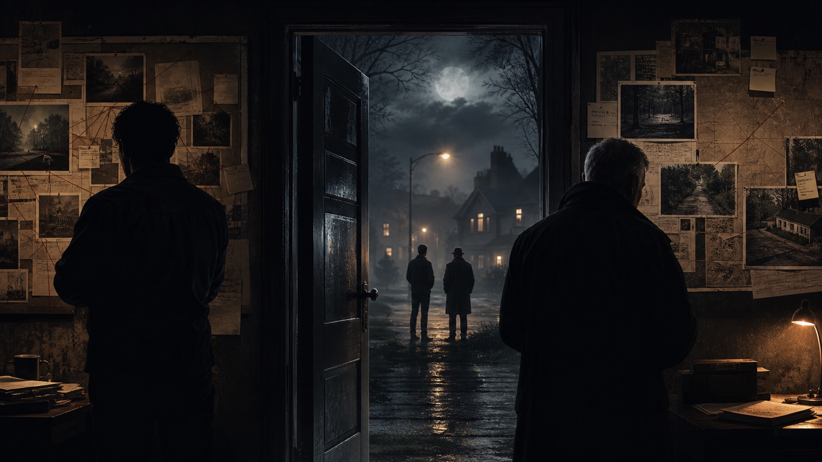 Noir editorial illustration of two generations of investigators facing an open door and old evidence boards