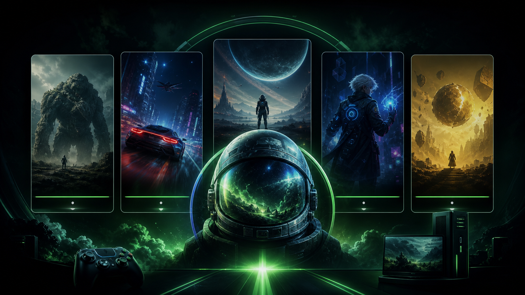 Editorial illustration of a game library dashboard with a space helmet and five release-date tiles