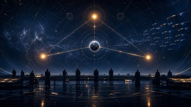 Science-fiction editorial illustration of Earth aligned with three suns while researchers watch a distant fleet