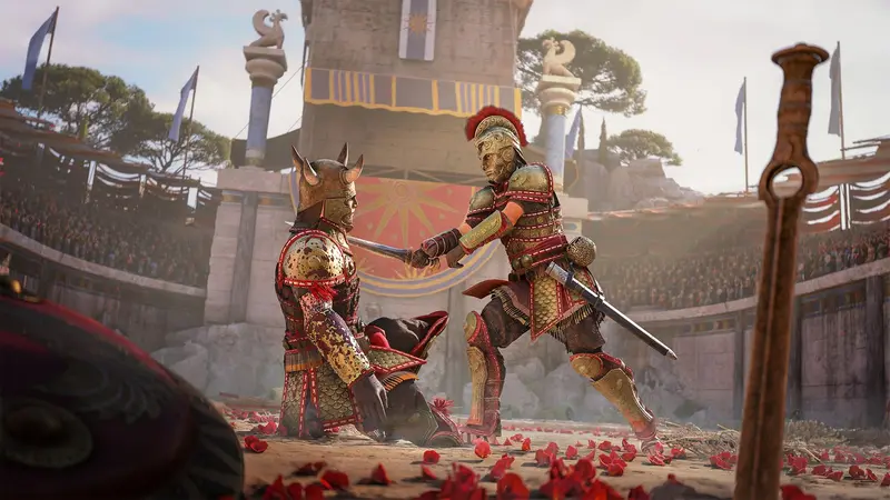 Two armoured warriors clash with blades in a crowded arena strewn with red petals in Resonance: A Plague Tale Legacy