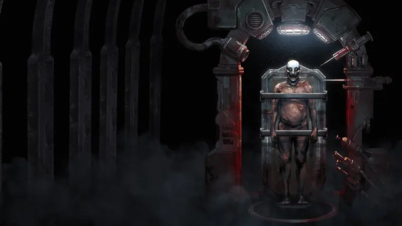A gaunt humanoid figure stands restrained upright in a surgical machine with extended instruments, in a dark misty chamber, from Angel Engine