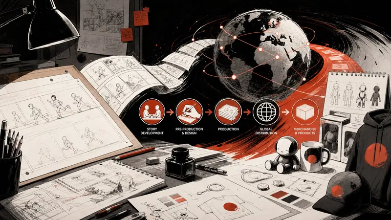 Editorial illustration of an animation desk flowing through development, distribution and merchandise stages around a globe