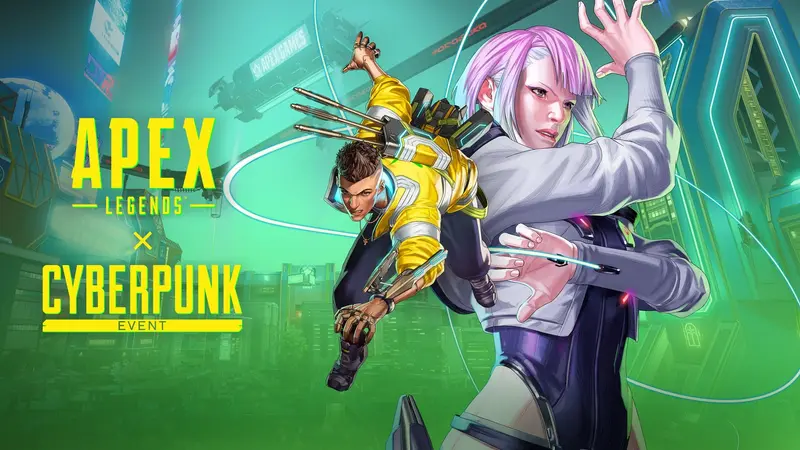 Apex Legends key art for the Cyberpunk event, with two characters in themed gear against a green neon cityscape and the event title across the left