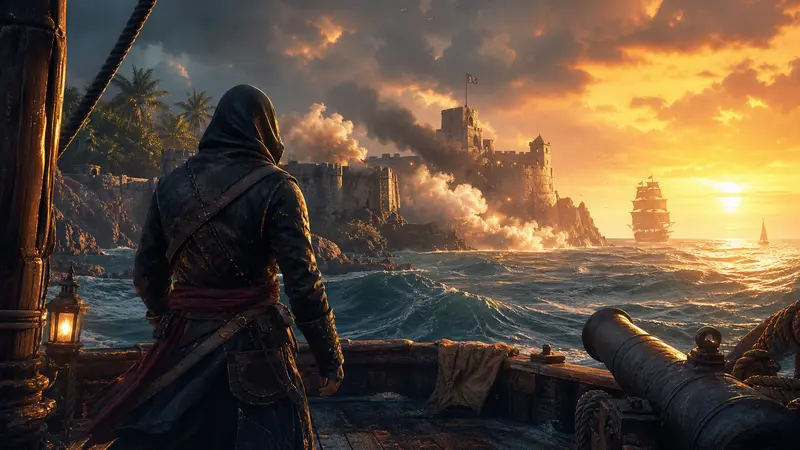 Original editorial illustration of an anonymous pirate watching a Caribbean fort from a ship