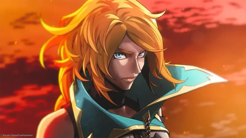 A head-and-shoulders portrait of a blonde character in a teal-collared cloak against an orange sky, in Castlevania: Belmont's Curse artwork