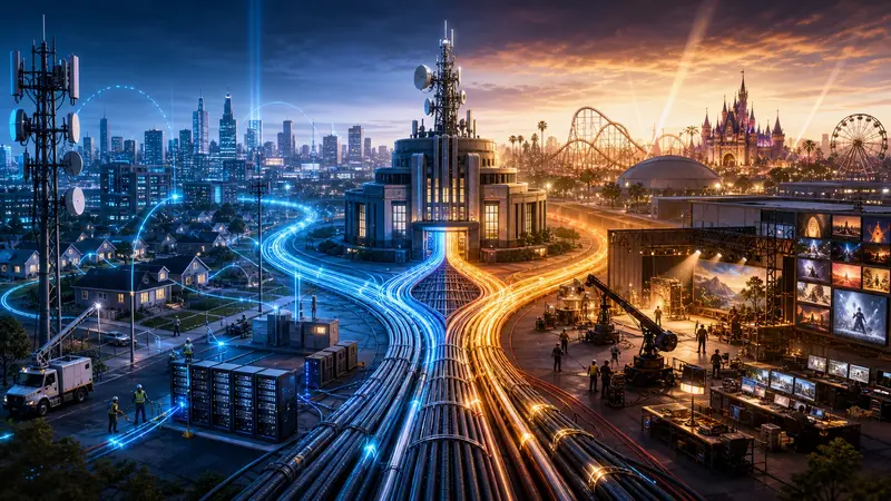 Editorial illustration of broadband infrastructure branching away from film, television and theme-park production