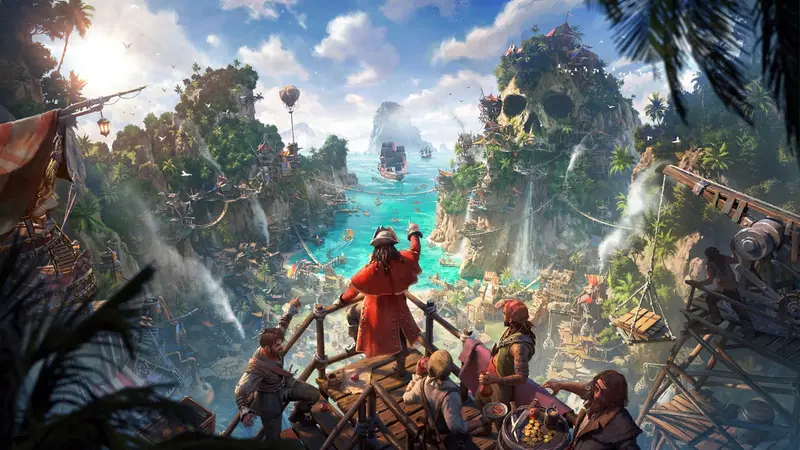 A vertical pirate settlement rises above ships in Corsair Cove artwork