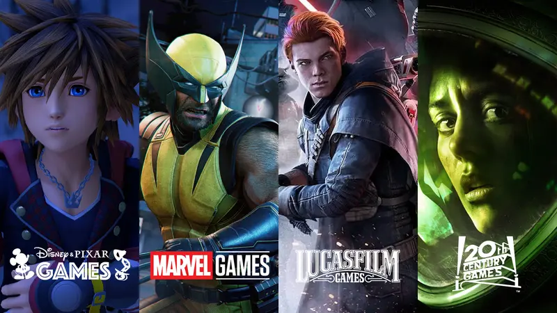 Four-panel Disney Games key art showing Sora for Disney and Pixar Games, Wolverine for Marvel Games, Cal Kestis for Lucasfilm Games and Amanda Ripley for 20th Century Games