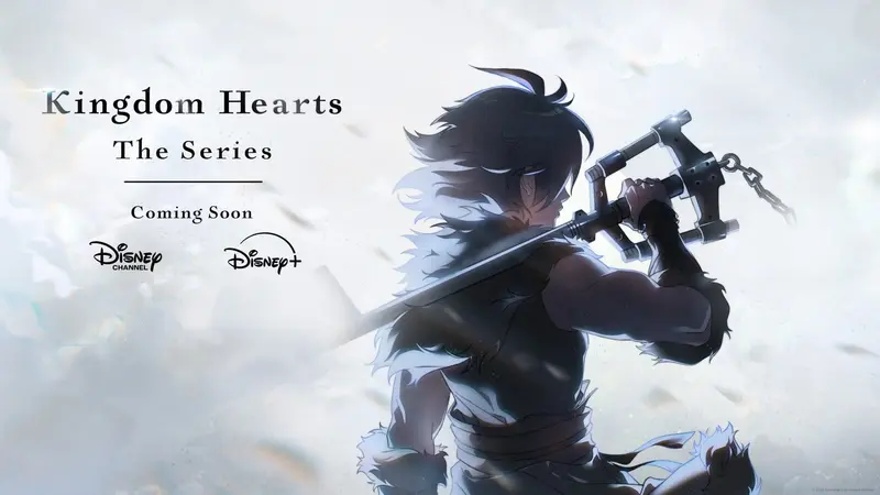 Announcement art for Kingdom Hearts: The Series showing a dark-haired figure shouldering a keyblade against a pale sky, with Disney Channel and Disney+ logos
