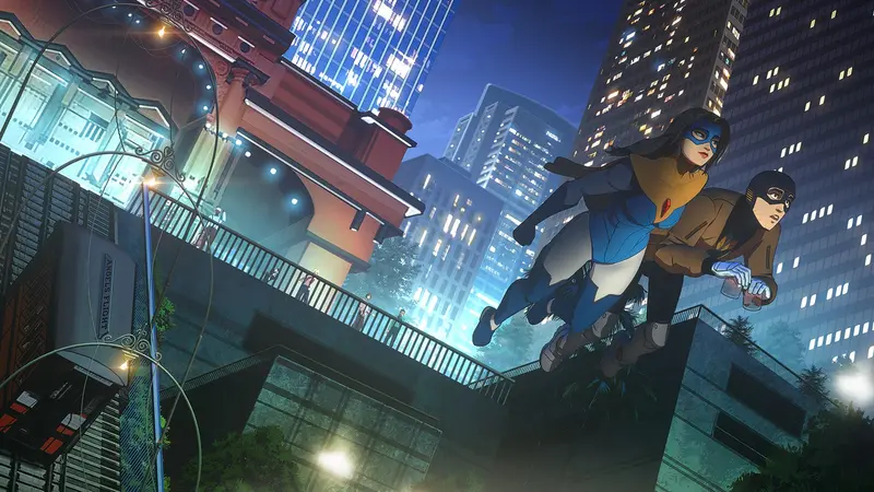 Two masked superheroes fly over a city at night in artwork from Dispatch