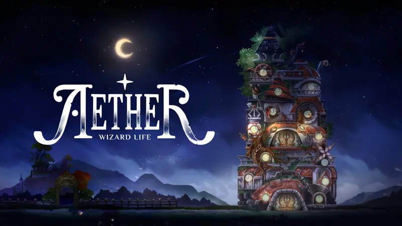 Key art for Aether Wizard Life showing a tall stack of lantern-lit wizard dwellings built into a tower beneath a crescent moon and starry sky