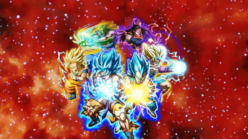 Dragon Ball characters charging energy attacks against a red starfield in Sparking! Zero NEO DLC artwork