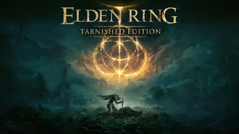 Elden Ring Tarnished Edition announcement art: a lone Tarnished warrior on a rise beneath a burning golden ring sigil, with a ruined landscape and dark clouds behind.