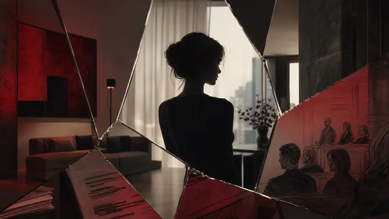 Symbolic editorial illustration of a woman's reflection fragmented between an apartment and courtroom sketches