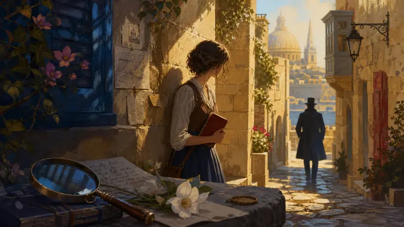 Editorial illustration of a young Victorian detective following clues through a sunlit Maltese alley