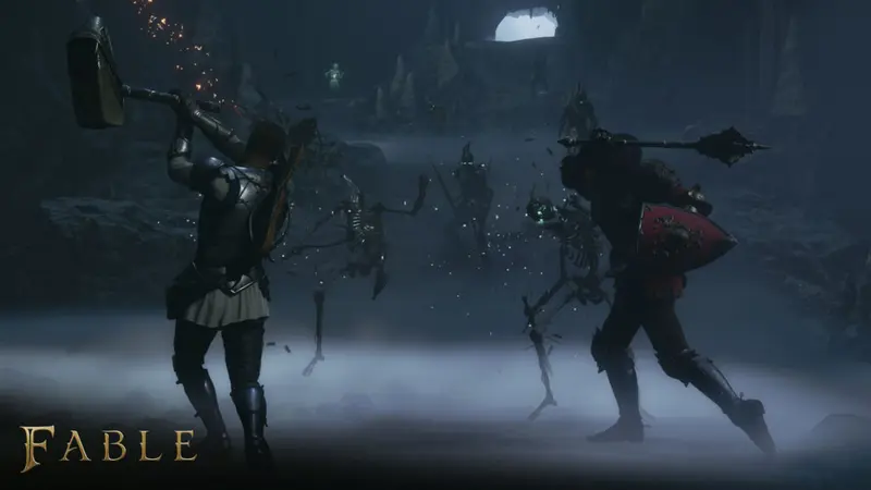 The Hero swings a two-handed hammer at an armored enemy inside a mine in Fable