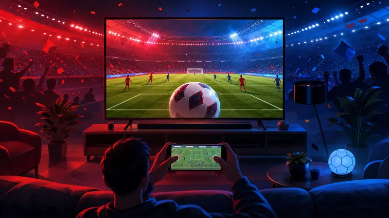 A player on a sofa holds a phone as a controller while a football match plays on the television