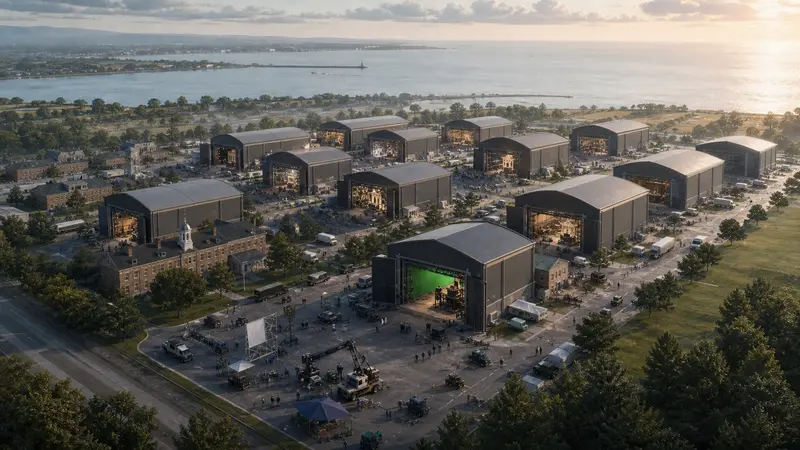 Architectural editorial illustration of a coastal production campus with multiple soundstages on repurposed historic grounds