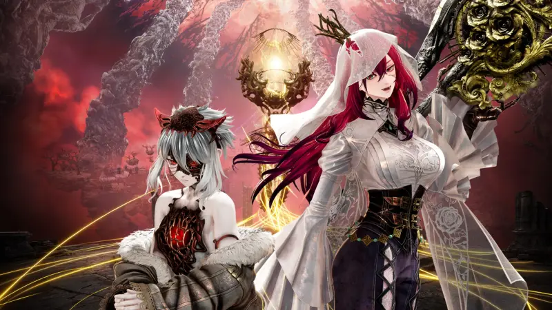 Code Vein II Mask of Idris artwork showing a red-haired figure in an ornate white veiled outfit beside a kneeling character with a glowing red core, in a crimson cavern