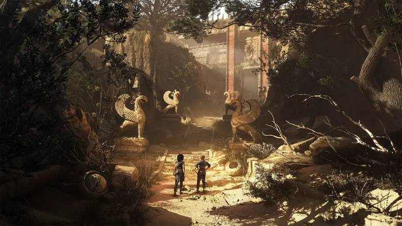 A sunlit ruined courtyard in Resonance: A Plague Tale Legacy with tall griffin statues flanking a stone gateway and two small figures standing on the path