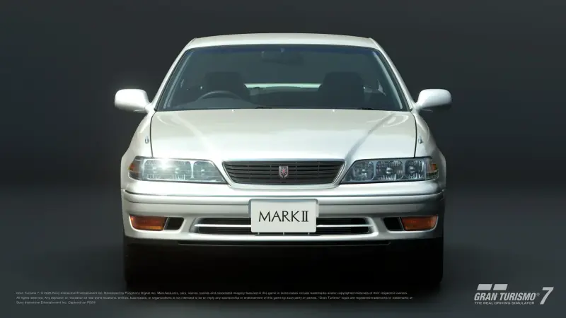 A white 1997 Toyota Mark II Tourer V photographed head-on in Gran Turismo 7 against a dark studio backdrop