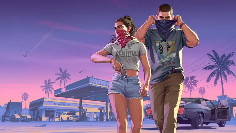 Lucia and Jason pull bandanas over their faces while leaving a roadside robbery in official Grand Theft Auto VI artwork