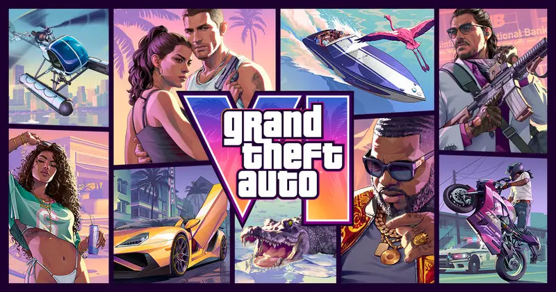 Grand Theft Auto VI key art: a panelled collage of Leonida scenes around the game's logo, including Lucia and Jason, a speedboat and flamingo, an alligator, and a sports car outside a Vice City storefront.