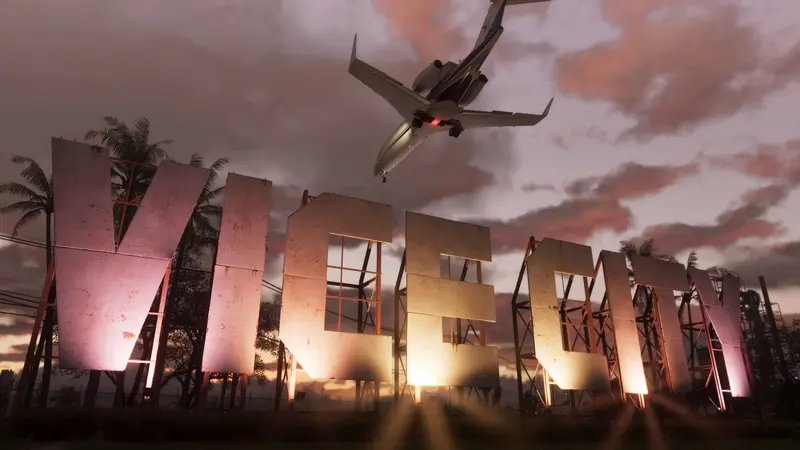 A jet passes above the illuminated VICE sign at dusk in an official Grand Theft Auto VI screenshot