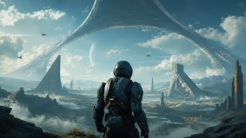 Original editorial illustration of an anonymous armored explorer beneath a vast alien ring