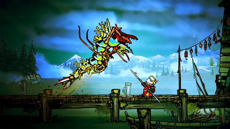 A hand-drawn Tails of Iron 2 scene in which Arlo stands on a wooden jetty with a spear as a large leafy sea creature leaps from the water against snowy mountains