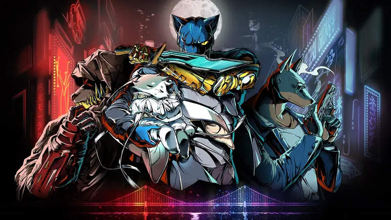 Ensemble key art for Kusan: City of Wolves showing four anthropomorphic animal characters with drawn weapons against a neon city at night