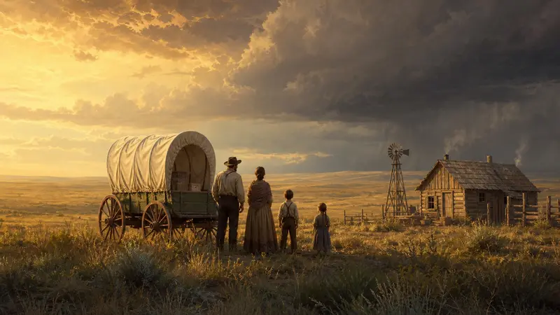 Historical editorial illustration of a prairie family beside a covered wagon and homestead under gathering weather